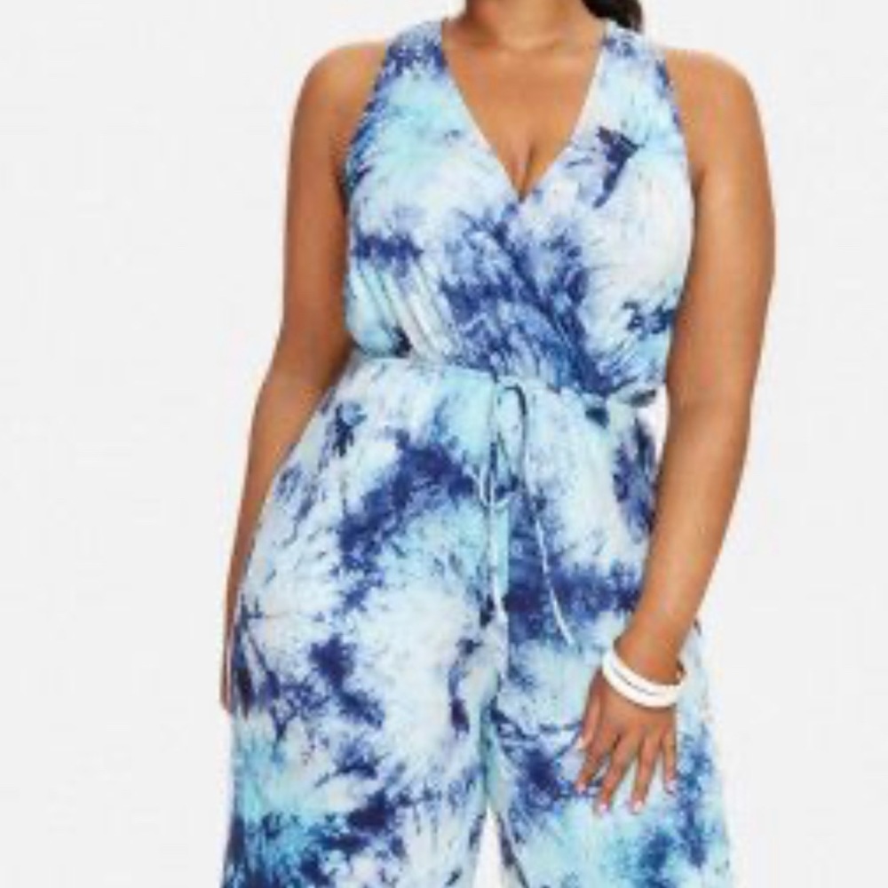 Fashion to Figure - Blue, pink, turquoise and white tie dye sleeveless jumpsuit